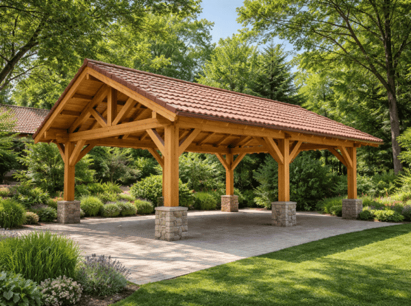 Timber-framed carport in lush garden